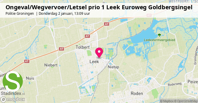 Ongeval/Wegvervoer/Letsel prio 1 Leek Euroweg Goldbergsingel