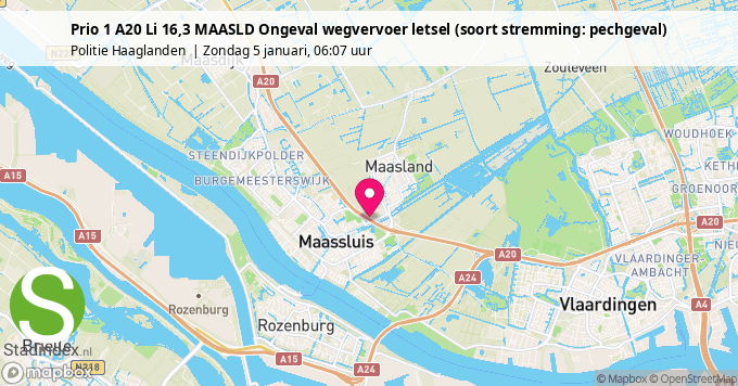 Prio 1 A20 Li 16,3 MAASLD Ongeval wegvervoer letsel (soort stremming: pechgeval)