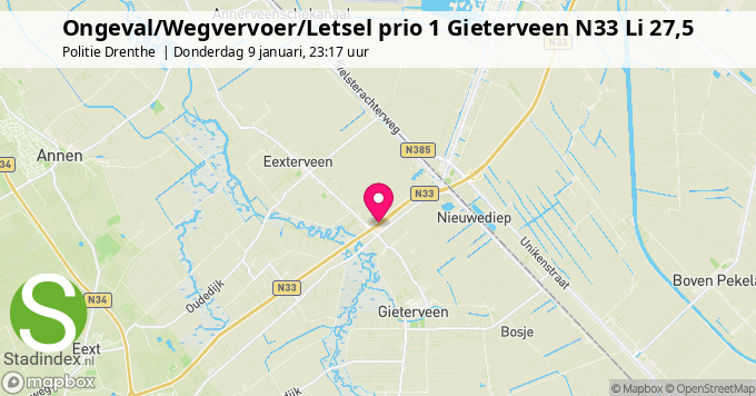 Ongeval/Wegvervoer/Letsel prio 1 Gieterveen N33 Li 27,5