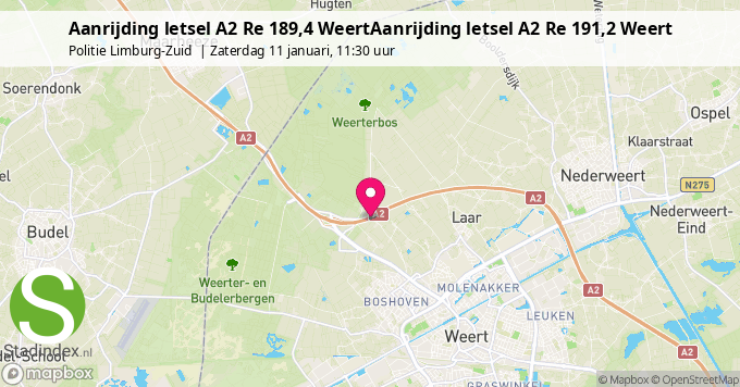 Aanrijding letsel A2 Re 189,4 WeertAanrijding letsel A2 Re 191,2 Weert