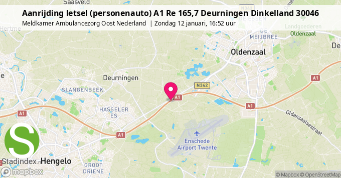 Aanrijding letsel (personenauto) A1 Re 165,7 Deurningen Dinkelland 30046