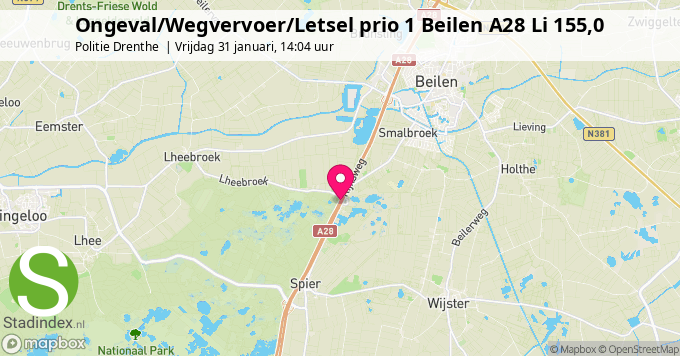 Ongeval/Wegvervoer/Letsel prio 1 Beilen A28 Li 155,0