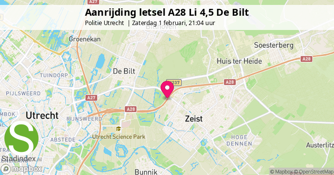 Aanrijding letsel A28 Li 4,5 De Bilt