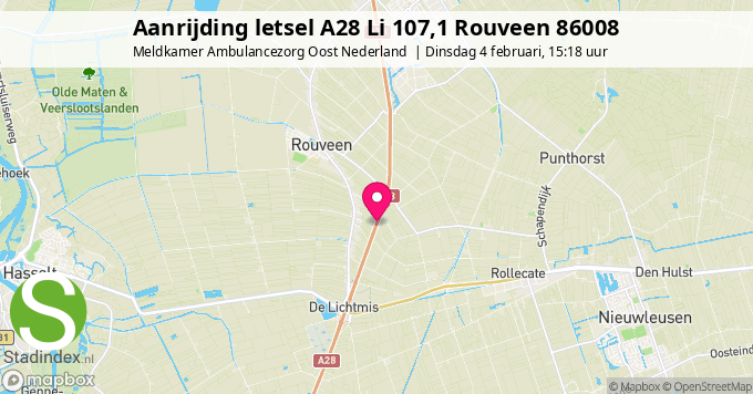 Aanrijding letsel A28 Li 107,1 Rouveen 86008