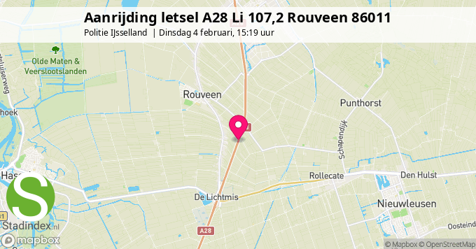 Aanrijding letsel A28 Li 107,2 Rouveen 86011