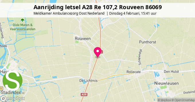 Aanrijding letsel A28 Re 107,2 Rouveen 86069