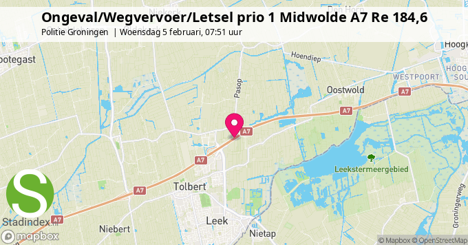 Ongeval/Wegvervoer/Letsel prio 1 Midwolde A7 Re 184,6