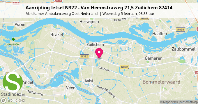 Aanrijding letsel N322 - Van Heemstraweg 21,5 Zuilichem 87414