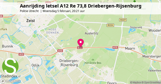 Aanrijding letsel A12 Re 73,8 Driebergen-Rijsenburg