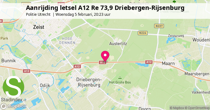 Aanrijding letsel A12 Re 73,9 Driebergen-Rijsenburg