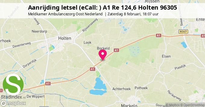 Aanrijding letsel (eCall: ) A1 Re 124,6 Holten 96305