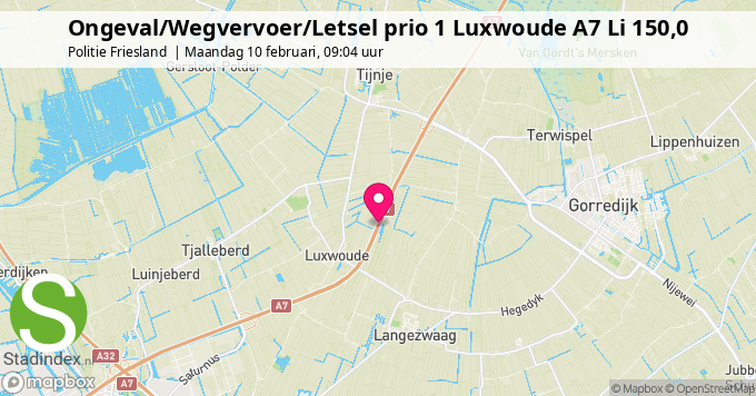 Ongeval/Wegvervoer/Letsel prio 1 Luxwoude A7 Li 150,0