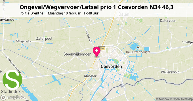 Ongeval/Wegvervoer/Letsel prio 1 Coevorden N34 46,3