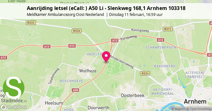 Aanrijding letsel (eCall: ) A50 Li - Slenkweg 168,1 Arnhem 103318