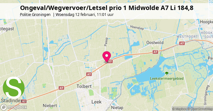 Ongeval/Wegvervoer/Letsel prio 1 Midwolde A7 Li 184,8