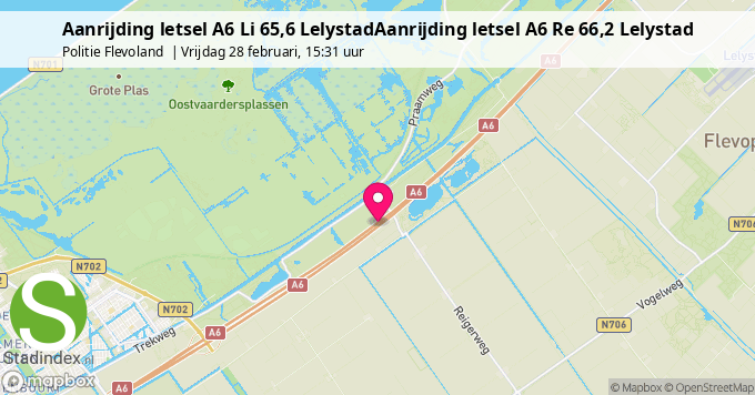 Aanrijding letsel A6 Li 65,6 LelystadAanrijding letsel A6 Re 66,2 Lelystad