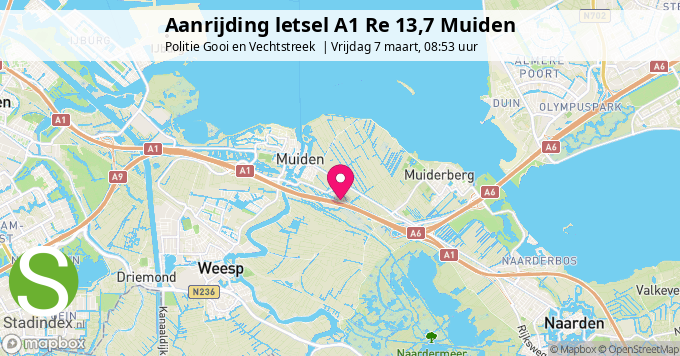 Aanrijding letsel A1 Re 13,7 Muiden