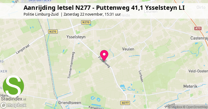 Aanrijding letsel N277 - Puttenweg 41,1 Ysselsteyn LI