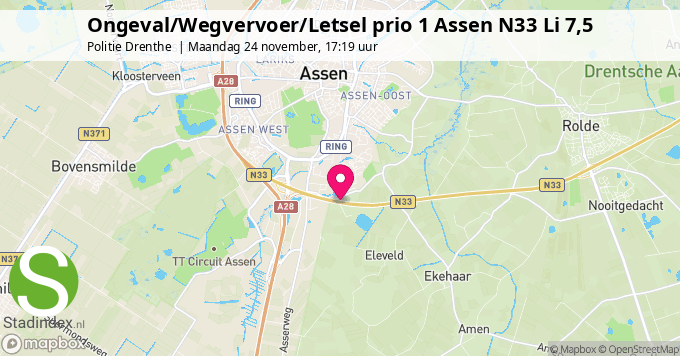 Ongeval/Wegvervoer/Letsel prio 1 Assen N33 Li 7,5