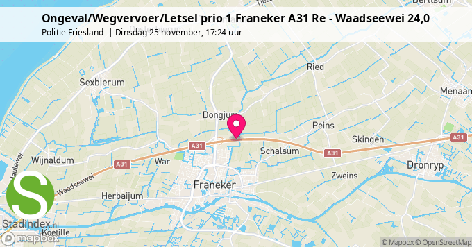 Ongeval/Wegvervoer/Letsel prio 1 Franeker A31 Re - Waadseewei 24,0