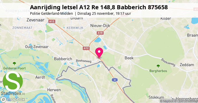 Aanrijding letsel A12 Re 148,8 Babberich 875658