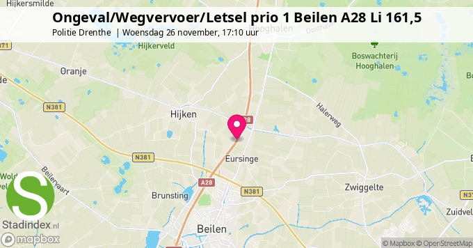 Ongeval/Wegvervoer/Letsel prio 1 Beilen A28 Li 161,5