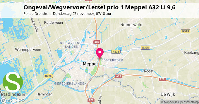 Ongeval/Wegvervoer/Letsel prio 1 Meppel A32 Li 9,6