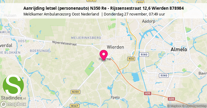 Aanrijding letsel (personenauto) N350 Re - Rijssensestraat 12,6 Wierden 878984