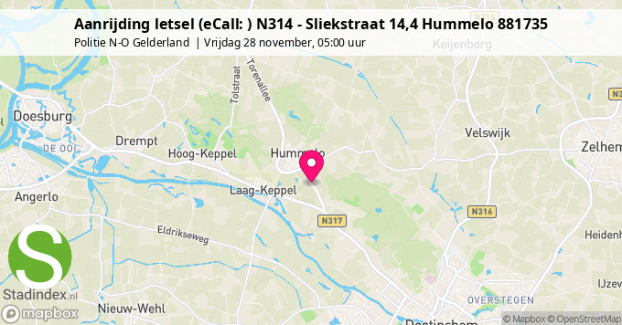 Aanrijding letsel (eCall: ) N314 - Sliekstraat 14,4 Hummelo 881735