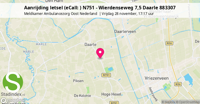 Aanrijding letsel (eCall: ) N751 - Wierdenseweg 7,5 Daarle 883307