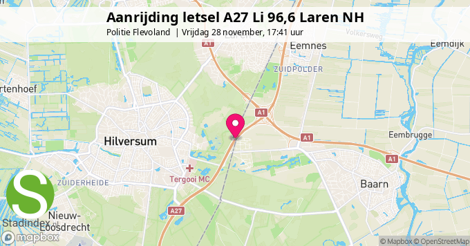 Aanrijding letsel A27 Li 96,6 Laren NH