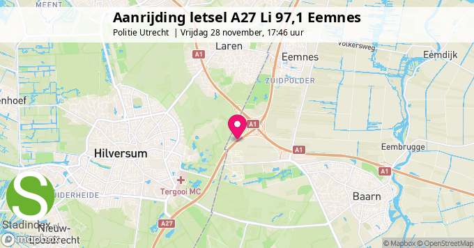 Aanrijding letsel A27 Li 97,1 Eemnes