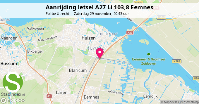 Aanrijding letsel A27 Li 103,8 Eemnes