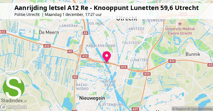 Aanrijding letsel A12 Re - Knooppunt Lunetten 59,6 Utrecht