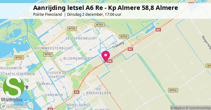 Aanrijding letsel A6 Re - Kp Almere 58,8 Almere