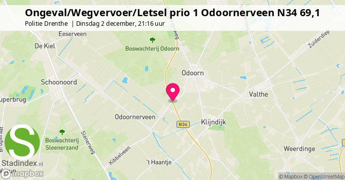 Ongeval/Wegvervoer/Letsel prio 1 Odoornerveen N34 69,1