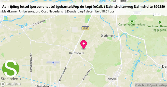 Aanrijding letsel (personenauto) (gekanteld/op de kop) (eCall: ) Dalmsholterweg Dalmsholte 899359
