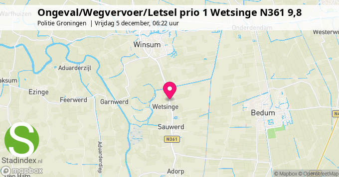 Ongeval/Wegvervoer/Letsel prio 1 Wetsinge N361 9,8