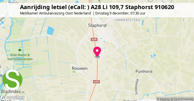 Aanrijding letsel (eCall: ) A28 Li 109,7 Staphorst 910620